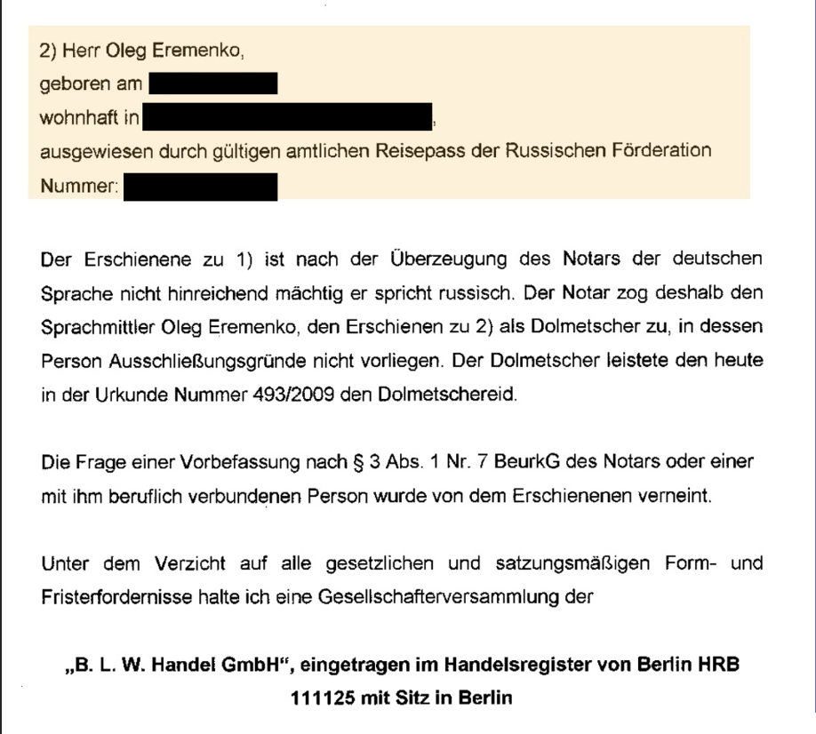 A corporate register document featuring Oleg Eremenko in his role as interpreter in B.L.W. Handel, a Berlin-based Delfin Group company, in Nov. 2009 (German corporate register – Unternehmenregister)